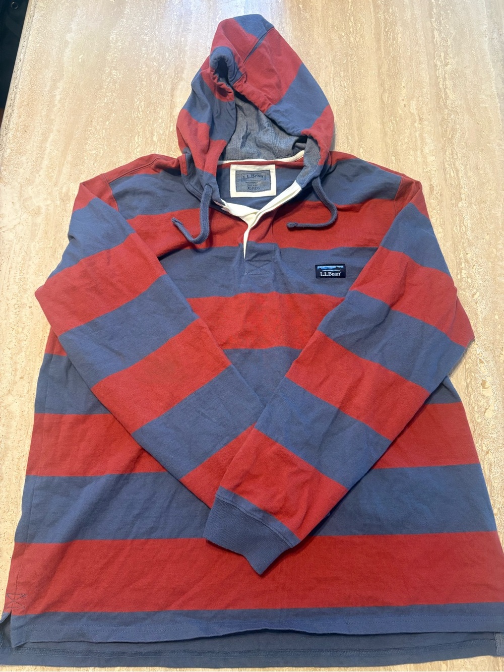 L.L. Bean Mens XL Rugby Hoodie Striped Red Blue Long Sleeve Traditional Fit